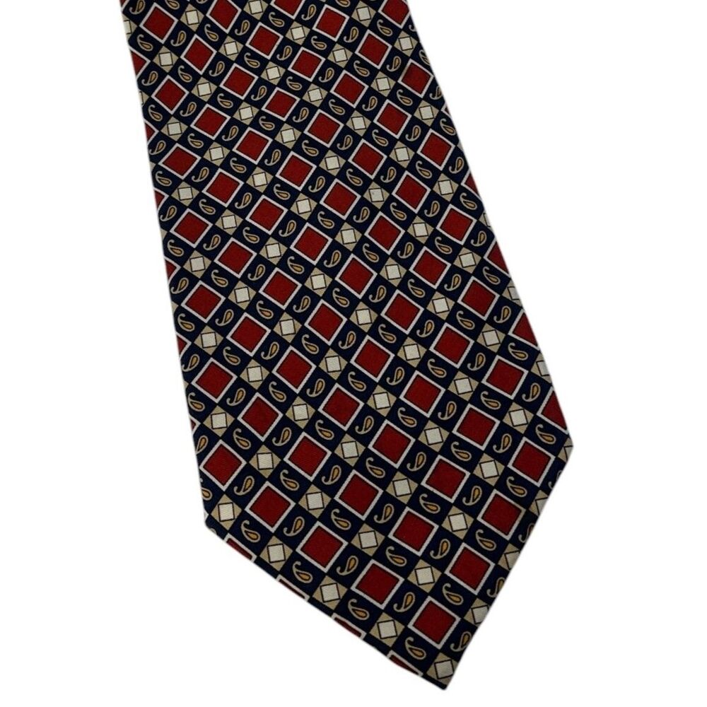 FENDI FF Silk Tie Red Navy Gold Paisley Baroque Geometric 56 x4  Italy 80's